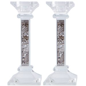 פמוטים קריסטל עם פלקטה חיתוך לייזר "ירושלים" 18 ס"מ