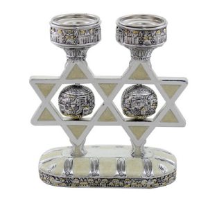 פמוטי פולי מוכסף עם אמייל בצורת מגני דוד עם כדור ירושלים 15 ס"מ