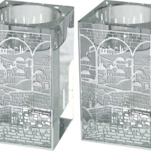 זוג פמוטי קריסטל מרובע עם פלקטה ירושלים 8 סמ