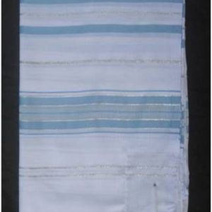 טלית אקרילן עם פסים בצבעי תכלת וכסף,