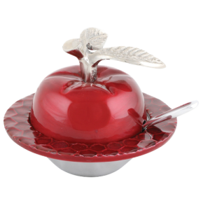 כלי מהודר לדבש עם כפית מאלומיניום בצורת תפוח אדום