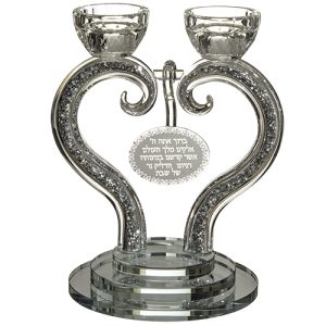 פמוט קריסטל בצורת לב - עם אבנים כסף וברכה 21 ס"מ