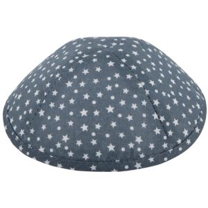 כיפה בד 19 ס"מ אפור כוכבים ועיגולים לבנים