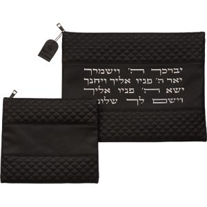 סט טלית תפילין דמוי עור שחור אותיות בולטות "יברכך" כסף 31*38 ס"מ