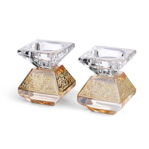 פמוטי קריסטל זהב שקוף עם פלקטה ירושלים 6.5סמ