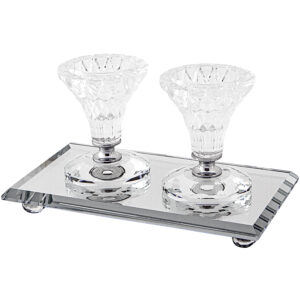 זוג פמוטי קריסטל מהודרים 8 ס"מ עם מגש מהודר 18X10 ס"מ