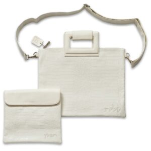 תיק טלית תפילין מהודר דמוי עור לבן עם ריקמה 39X31 ס"מ