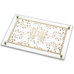 מגש חלה זכוכית עם פלקטה זהב עלים 42X29 ס"מ