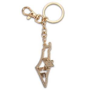 מחזיק מפתחות זהב בצורת מפת ישראל משובץ אבנים 6.5 ס"מ