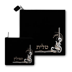 סט טלית תפילין קטיפה כחול כהה עם ריקמה 35.6X35.6 ס"מ