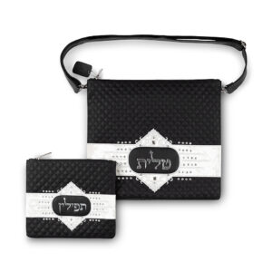 סט טלית תפילין דמוי עור שחור עם ריקמה 36x34 ס"מ
