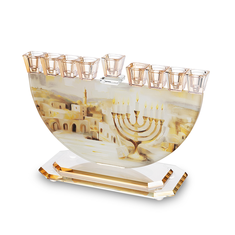 פריץ 409 חנוכייה קריסטל מהודרת עם הדפסה ירושלים 29x30 ס"מ